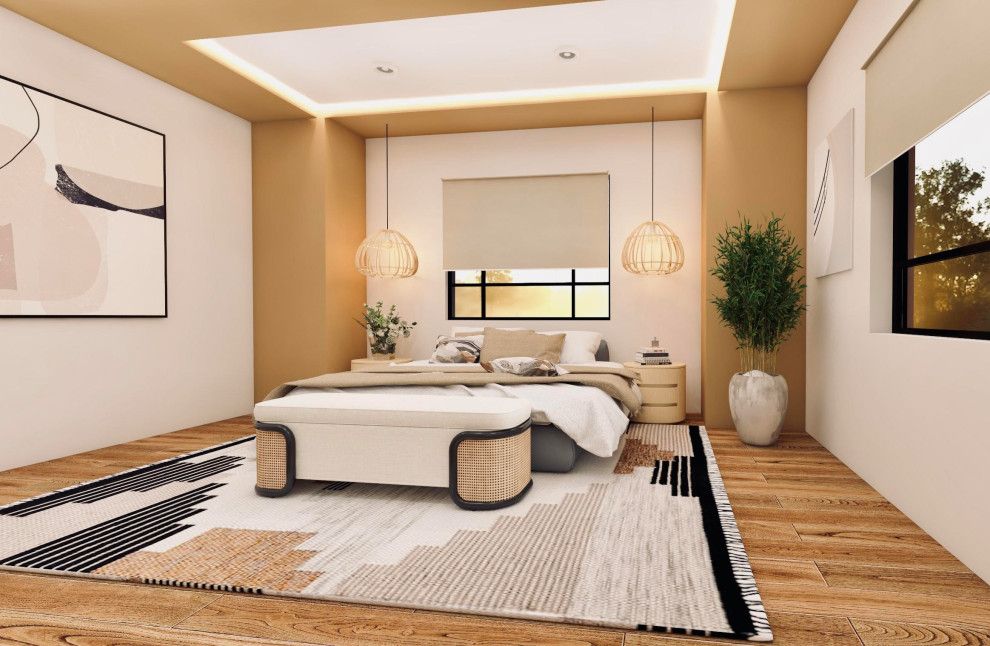 Источник вдохновения для домашнего уюта: хозяйская спальня среднего размера в восточном стиле с белыми стенами, полом из ламината и коричневым полом