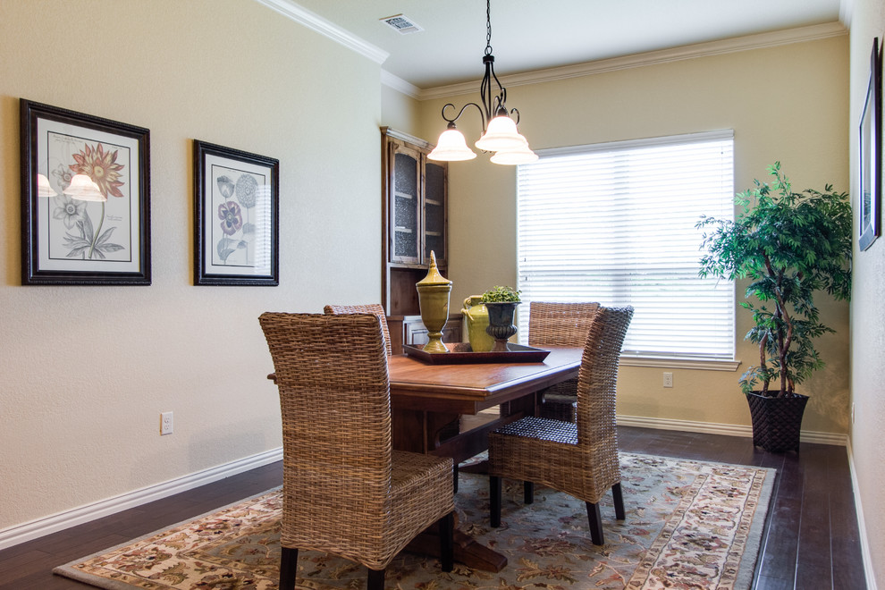 Mid-sized transitional separate dining room in Dallas with beige walls and dark hardwood floors.