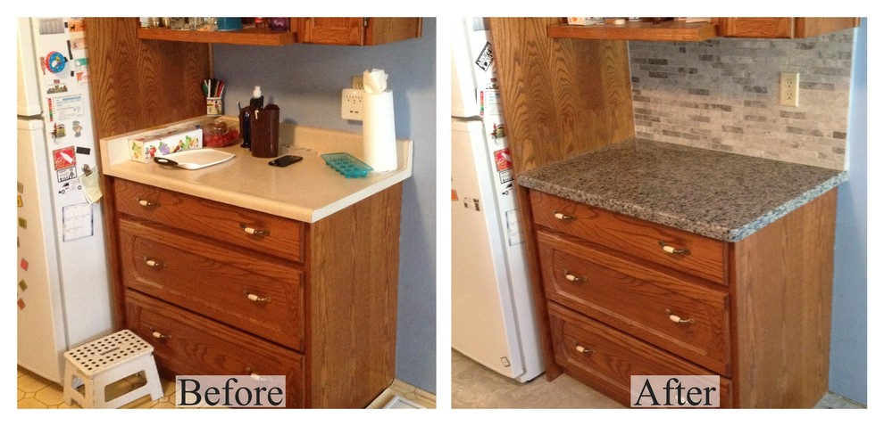 Vinyl floor and gray floor kitchen photo in Toronto with an undermount sink, granite countertops, gray backsplash, marble backsplash, white appliances and an island