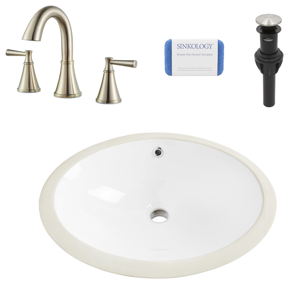 Louis Oval Undermount Bathroom Sink, White, Cantara Brushed Nickel Faucet