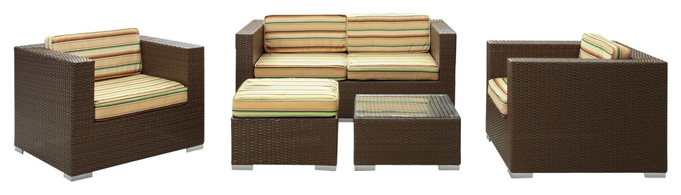 Malibu Outdoor Wicker Patio 5-Piece Sofa Set, Chocolate With Multicolor Cushions