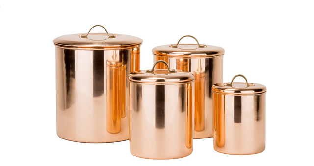 4 Piece Polished Copper Canister Set WIth Brass Knobs