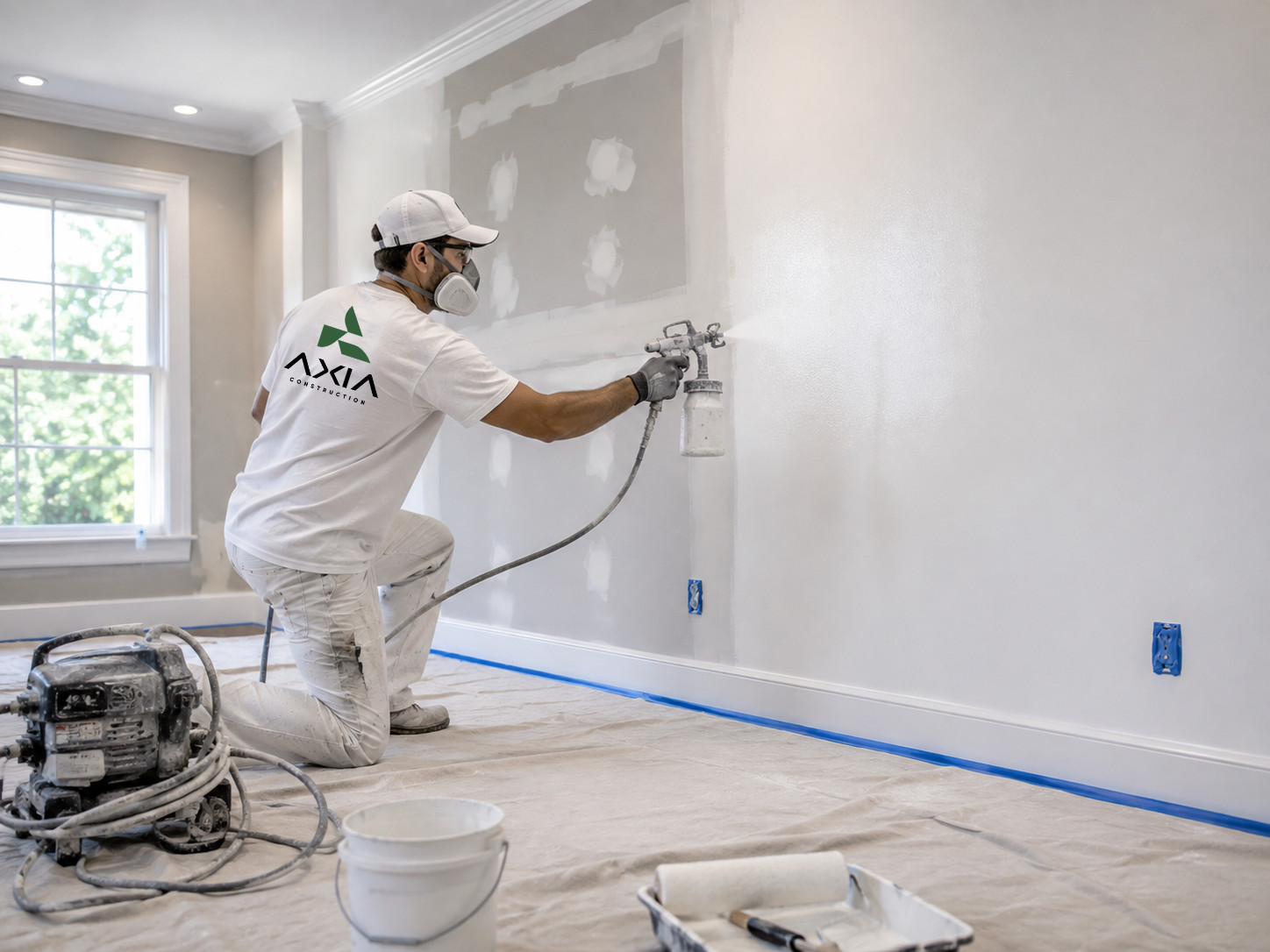 Painter Spraying Fresh White Walls