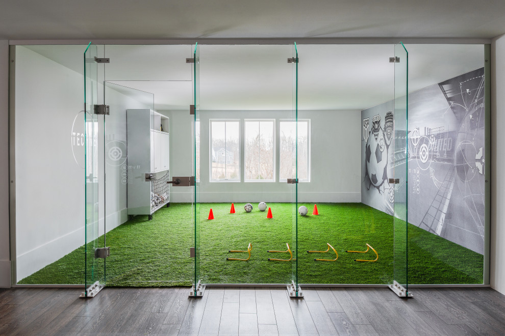 Multiuse home gym - mid-sized contemporary multiuse home gym idea in DC Metro with white walls