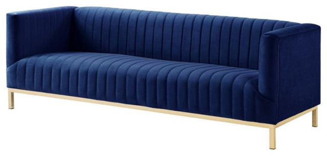 Posh Living Hayden Velvet Tuxedo Sofa with Y-Metal Base in Navy Blue/Gold