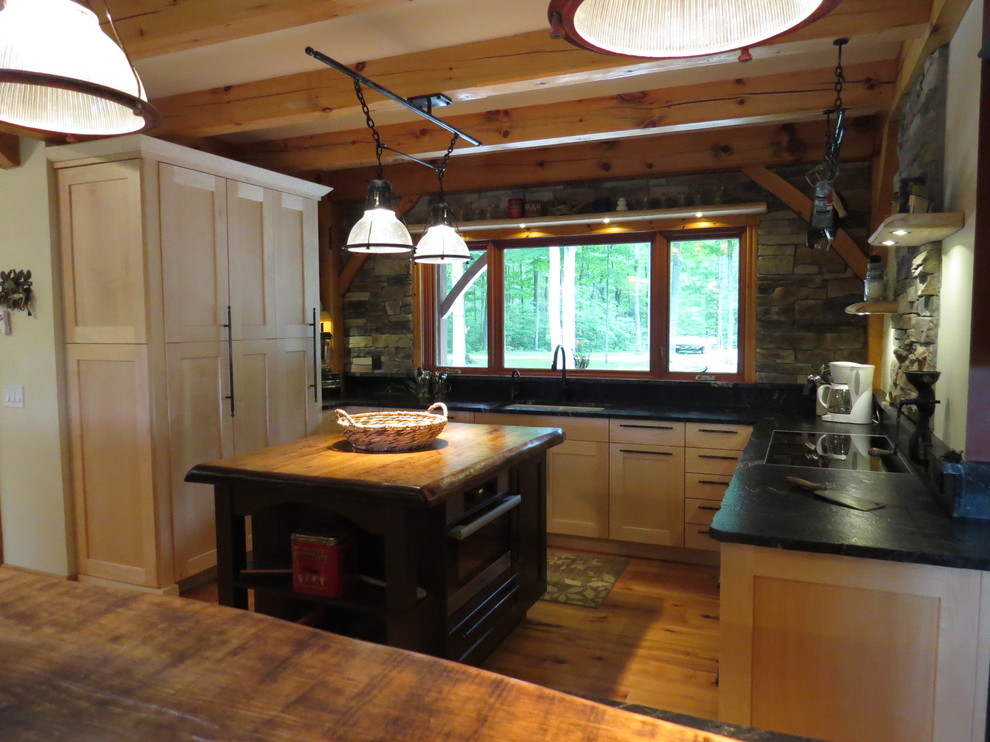 Eat-in kitchen - large rustic u-shaped light wood floor eat-in kitchen idea in Toronto with shaker cabinets, granite countertops, stone tile backsplash, an island, an undermount sink, light wood cabinets, gray backsplash and stainless steel appliances