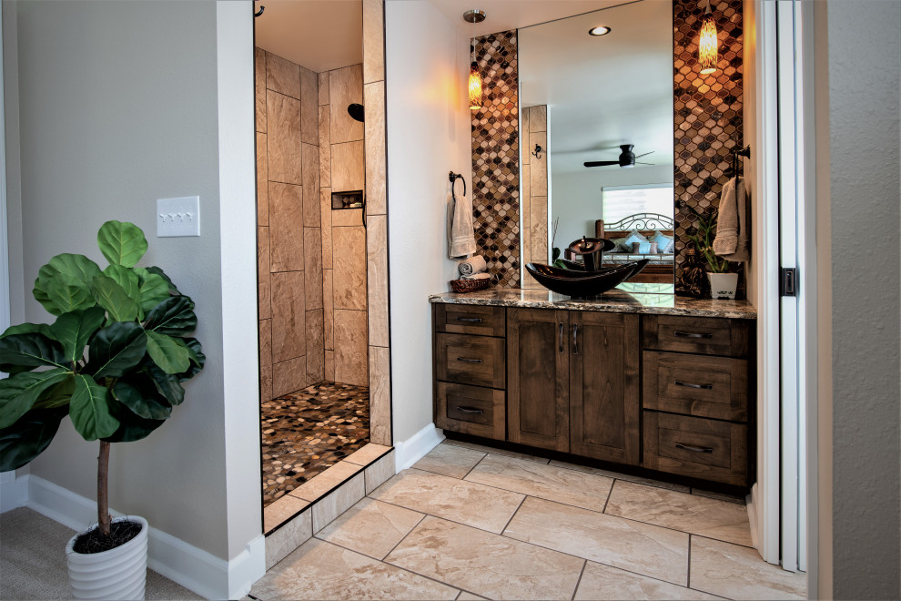 Inspiration for a world-inspired bathroom in Other with all styles of cabinet, a walk-in shower, a vessel sink and an open shower.