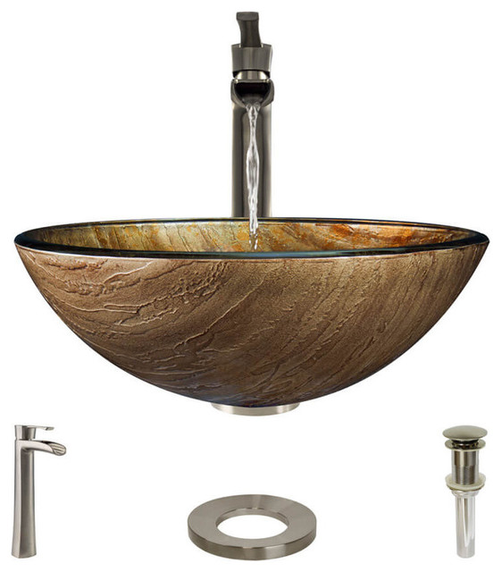 R5-5030 Glass Vessel Bathroom Sink, R9-7007 Faucet, Brushed Nickel