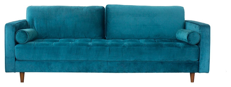 Pemberly Row Mid-Century Velvet Cushion Back Sofa in Teal Turquoise