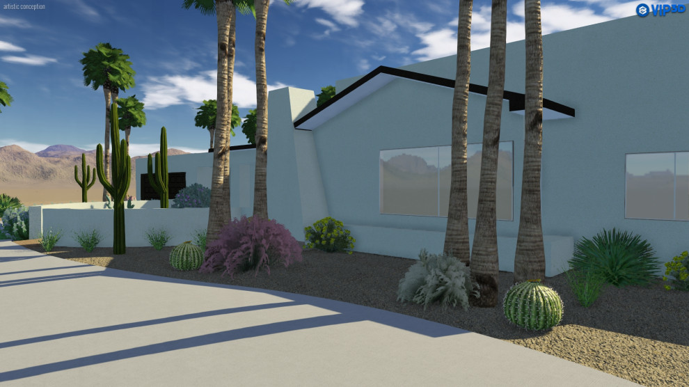 Großer Klassischer Vorgarten im Frühling mit Wüstengarten, direkter Sonneneinstrahlung und Betonboden in Phoenix