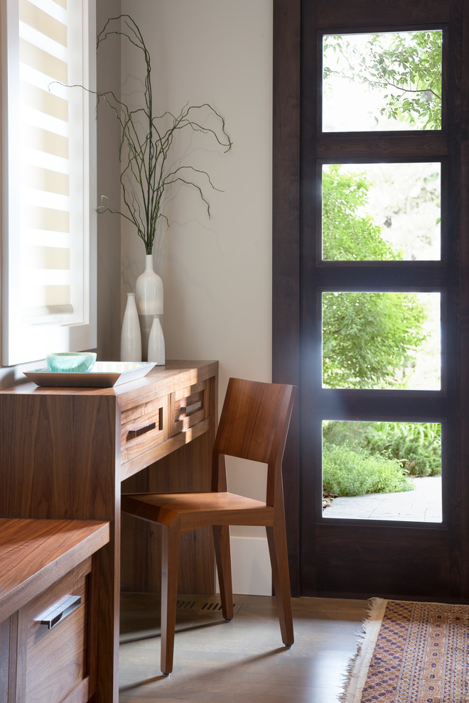 Mid-sized transitional vinyl floor front door photo in Calgary with gray walls and a dark wood front door