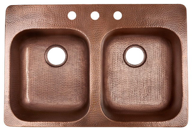 Santi 33" Drop-in Copper Double Bowl Kitchen Sink, 3 Holes