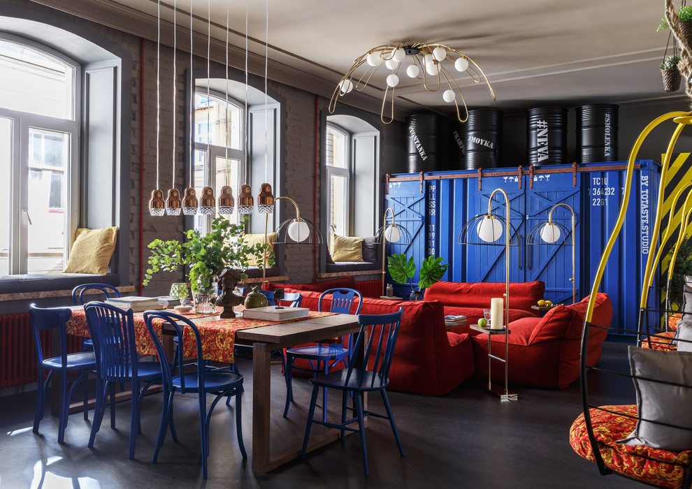 Large eclectic open concept living room in Saint Petersburg with grey walls and grey floor.
