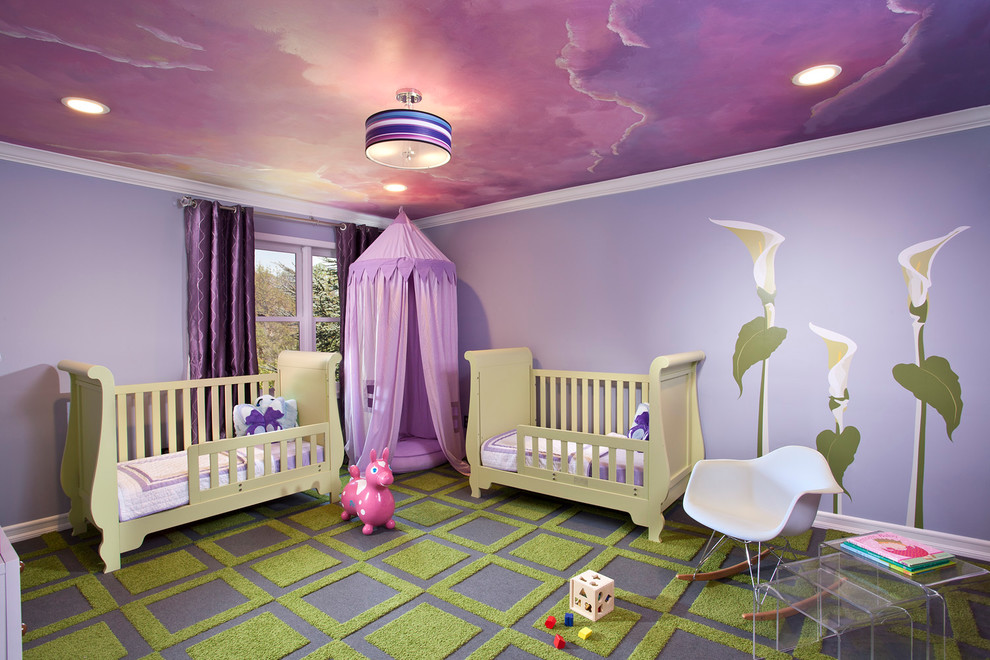 Design ideas for a contemporary kids' room in New York with purple walls and multi-coloured floor.