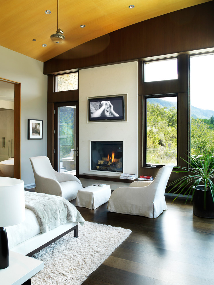Design ideas for a large contemporary master bedroom in Denver with white walls, dark hardwood floors, a standard fireplace and grey floor.