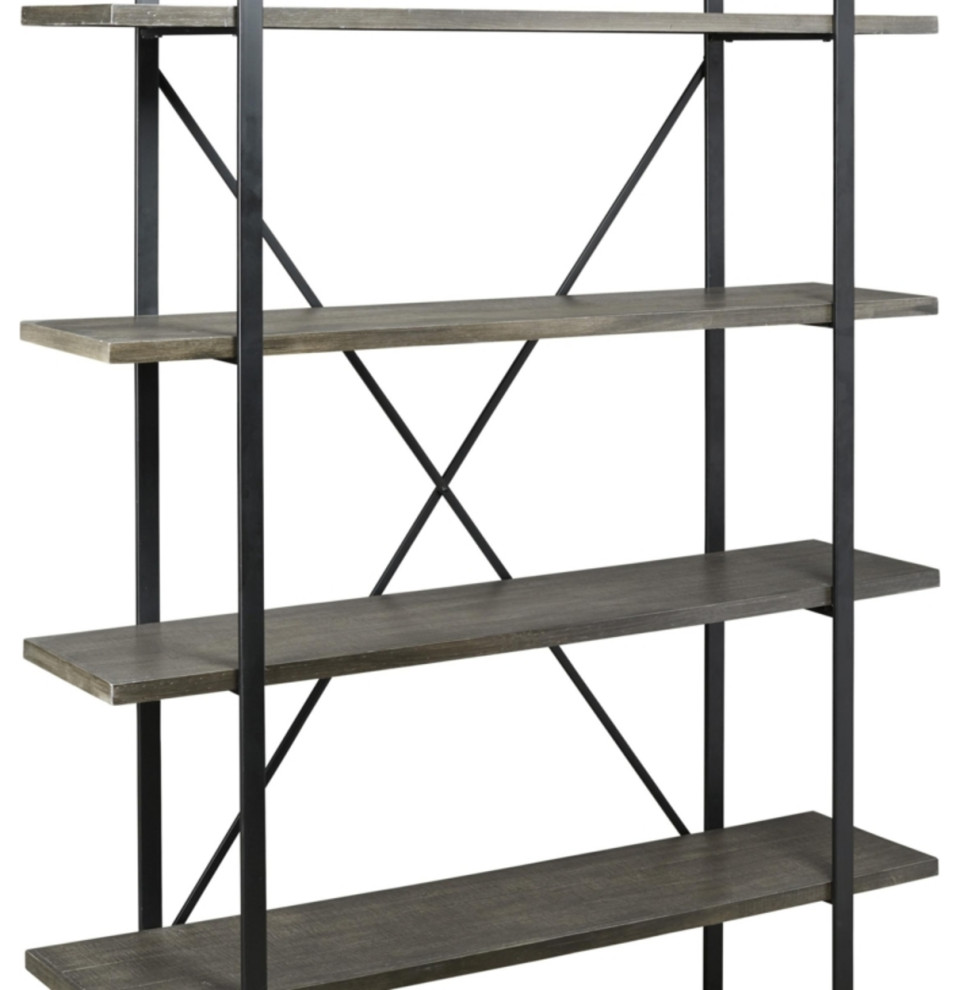 72 Inch 4 Tier Metal Frame Bookcase X Shaped Bar Accents Black Gray
