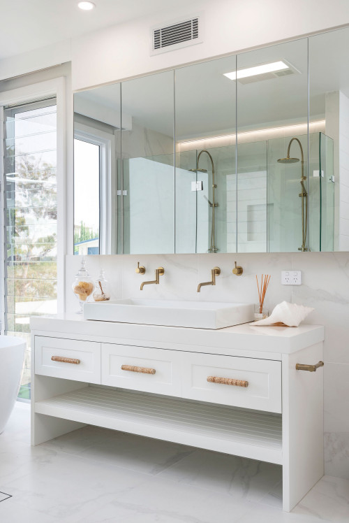 Mirrored Elegance: Bright White Bathrooms with Mirrored Cabinets for White Bathroom with Gold Fixtures