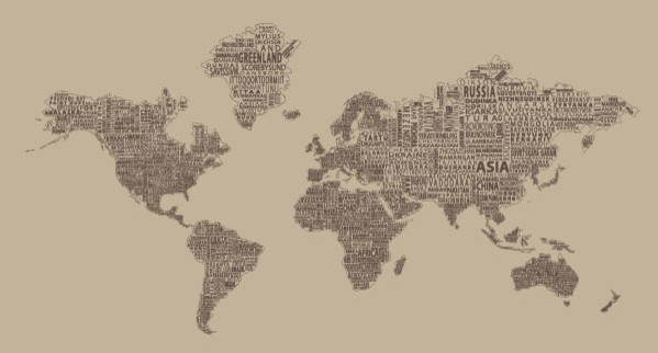 1-World Text Map Wall Decal, Tan Mono, 67"x36"