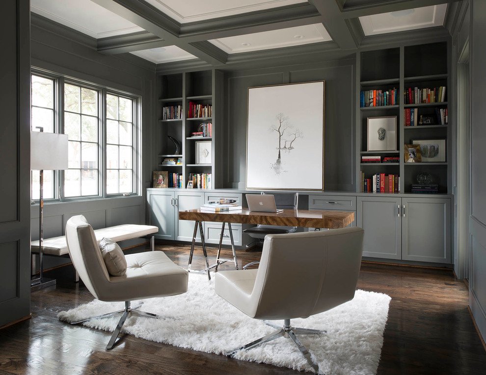 Design ideas for a modern study in Dallas with grey walls, dark hardwood flooring and a freestanding desk.