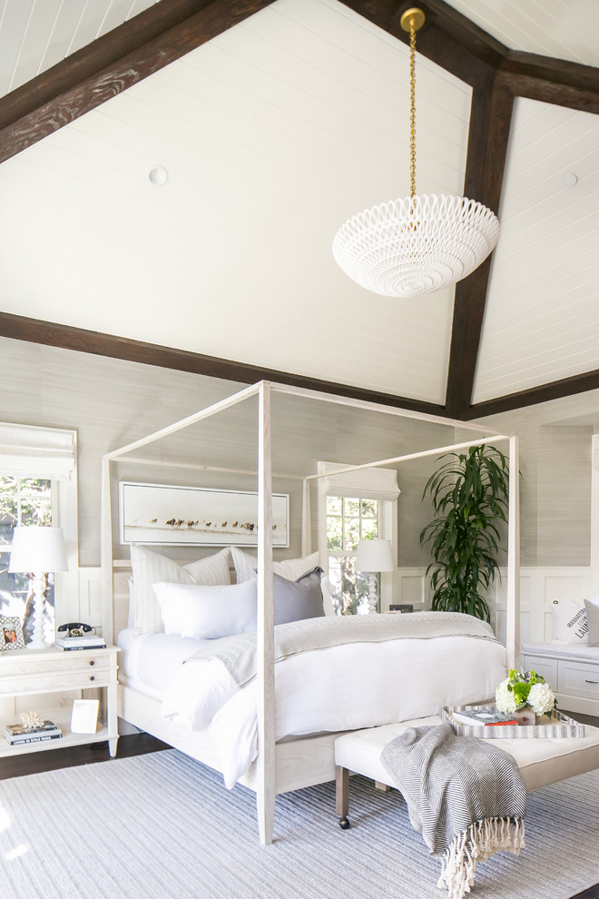 Inspiration for a transitional master bedroom in Orange County with beige walls, dark hardwood floors and brown floor.