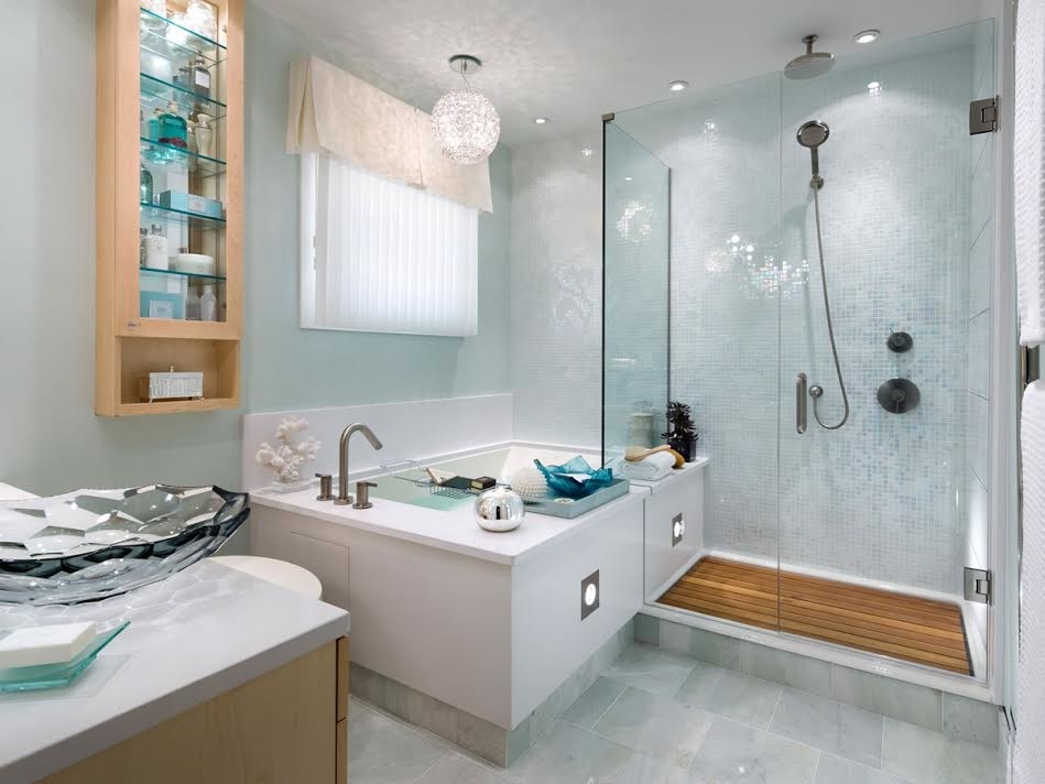 Mid-sized contemporary master bathroom in Atlanta with light wood cabinets, an undermount tub, an alcove shower, blue tile, glass tile, porcelain floors, a vessel sink, solid surface benchtops, grey floor and a hinged shower door.