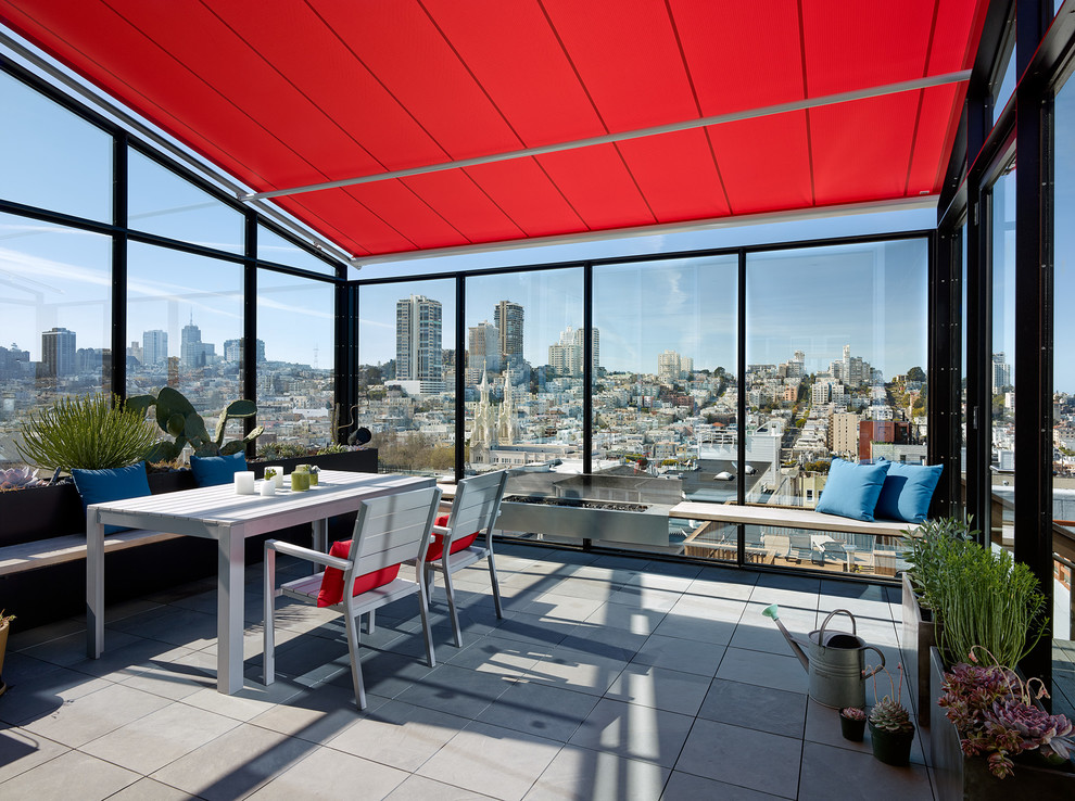 Inspiration for a contemporary rooftop and rooftop deck in San Francisco with a fire feature.