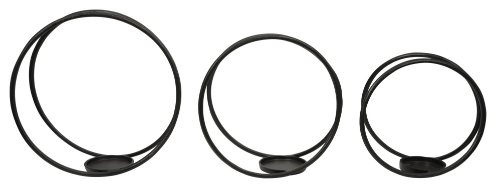 Metal, Set of 3 12/14/16"H, Double Ring Candle Holder, Black