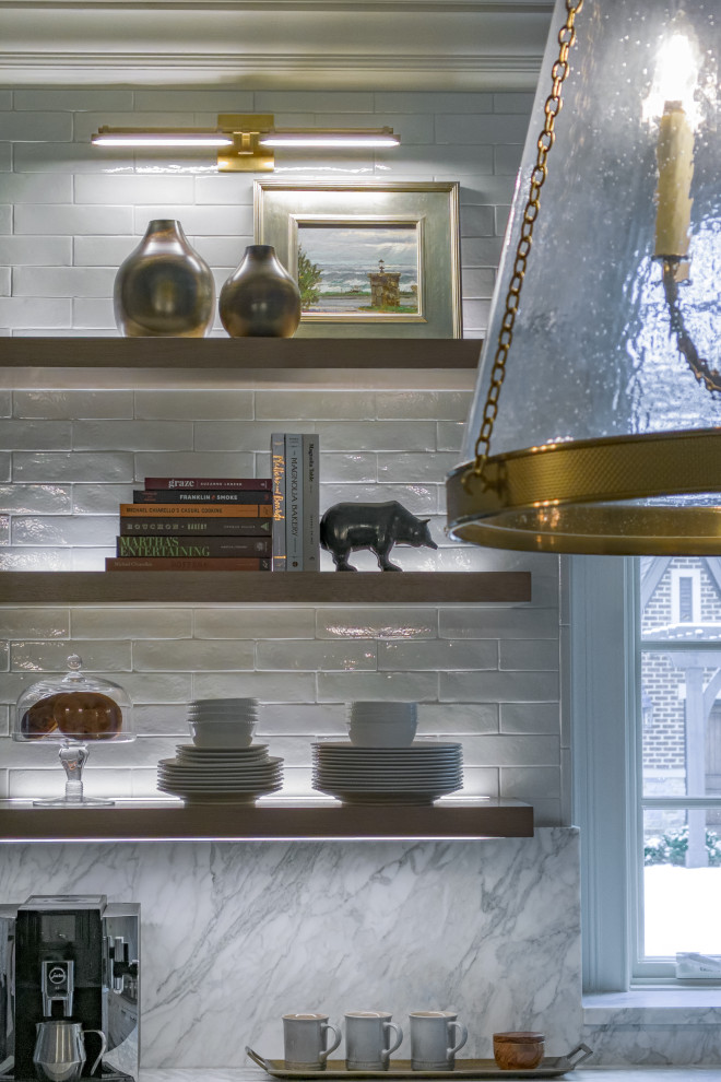 Example of a large transitional u-shaped dark wood floor, brown floor and coffered ceiling eat-in kitchen design in Chicago with an undermount sink, beaded inset cabinets, white cabinets, marble countertops, white backsplash, marble backsplash, stainless steel appliances, an island and white countertops