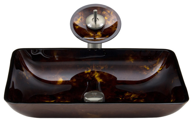 Rectangular Brown Gold Fusion Glass Vessel Sink And Waterfall