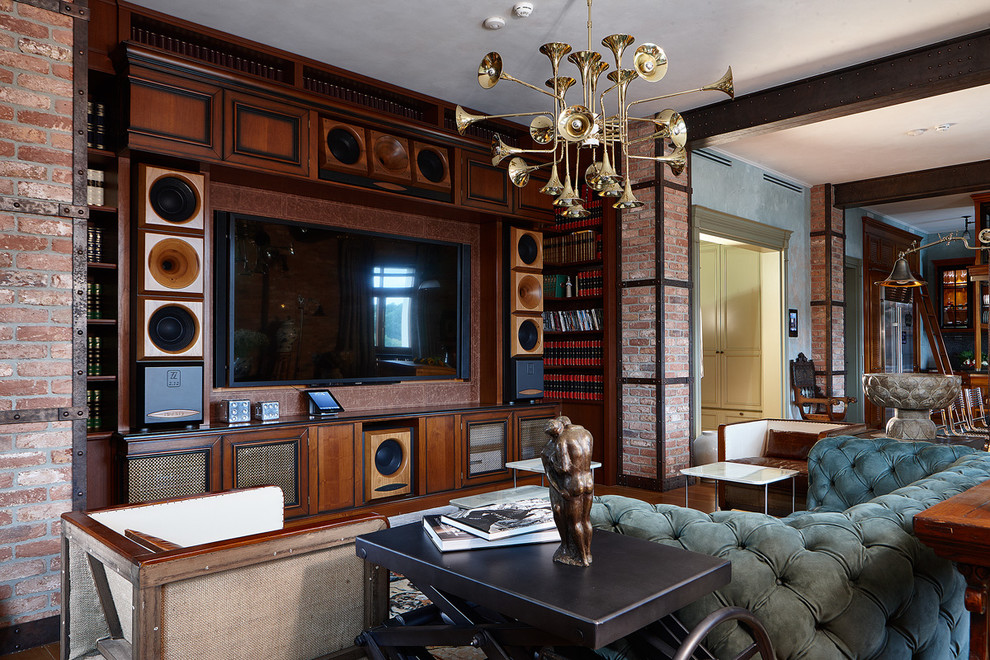 Design ideas for an industrial home theatre in Moscow with brown walls and a wall-mounted tv.