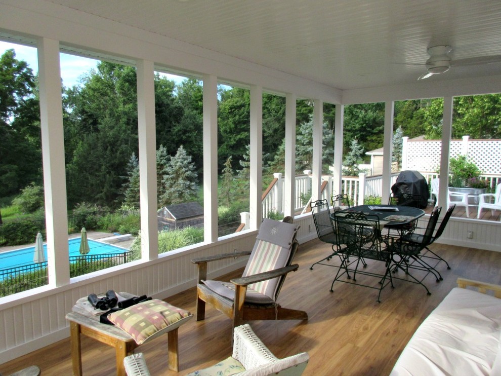 This is an example of a traditional screened-in verandah in New York.