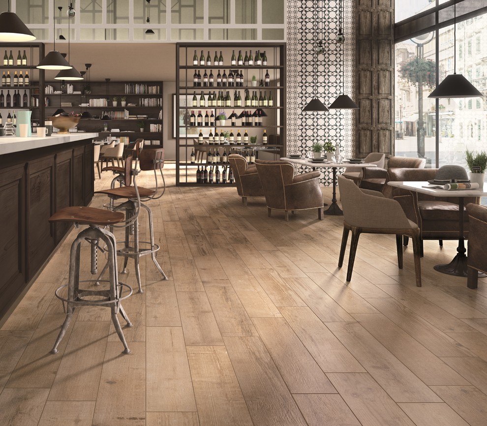 Inspiration for a country dining room in Perth with porcelain floors.