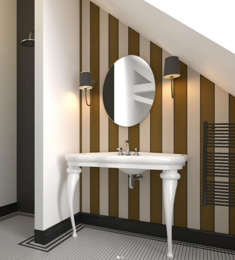 Imagen de cuarto de baño doble clásico de tamaño medio con bañera encastrada, ducha empotrada, paredes amarillas, aseo y ducha, lavabo con pedestal, encimeras blancas, papel pintado y boiserie