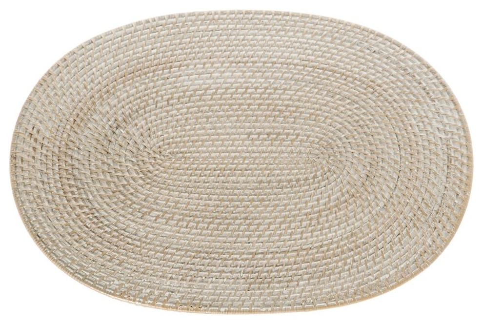 Laguna Oval Rattan Placemat, White Wash, Set of 2 Tropical