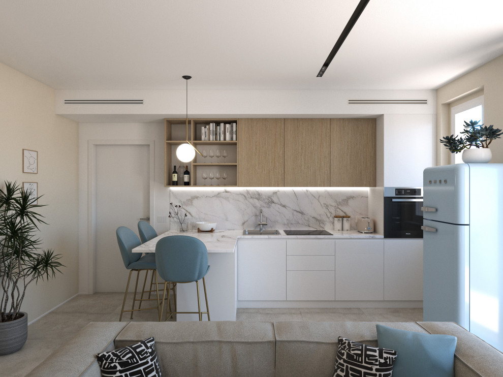 Photo of a small modern l-shaped open plan kitchen in Florence with a single-bowl sink, flat-panel cabinets, white cabinets, laminate benchtops, white splashback, porcelain splashback, stainless steel appliances, porcelain floors, a peninsula, beige floor, white benchtop and recessed.
