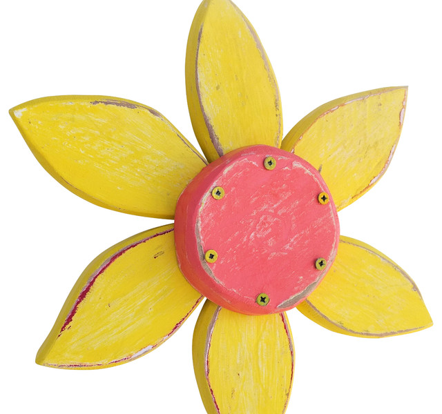 Shabby Chic Wood Flower Wall Decor Coral Pink & Bright Yellow
