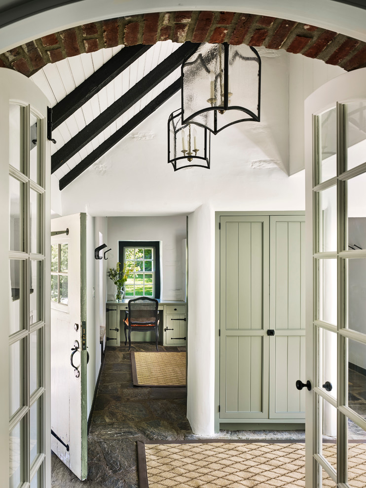 Single front door - transitional single front door idea in Philadelphia with white walls