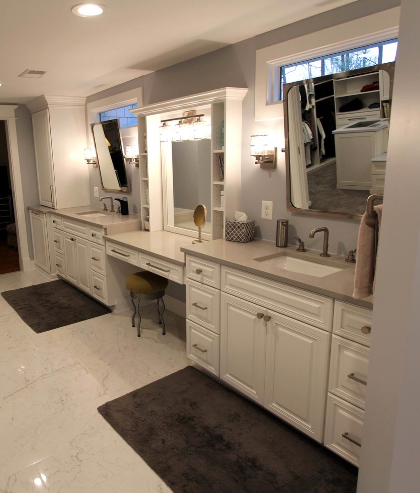 Design ideas for a large transitional master bathroom in DC Metro with shaker cabinets, white cabinets, a corner shower, a two-piece toilet, white tile, mosaic tile, grey walls, porcelain floors, an undermount sink, engineered quartz benchtops, white floor and a hinged shower door.