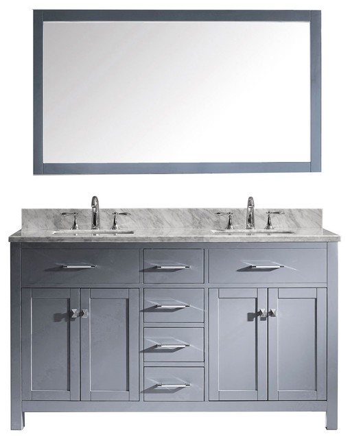 Caroline 60"DB Vanity Gray, Marble Top, Square Sinks, Nickel Faucets, Mirror