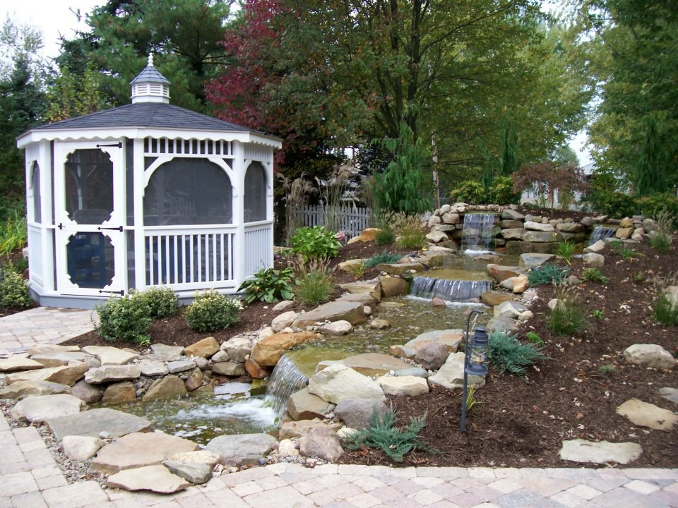 Inspiration for a mid-sized transitional full sun backyard brick water fountain landscape for spring.