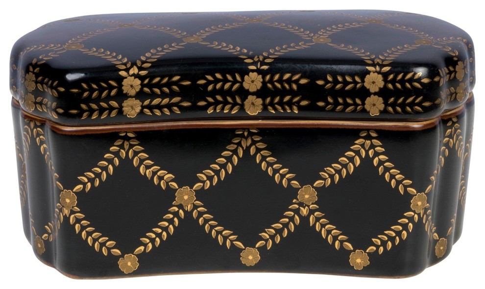 Beautiful Black and Gold Rectangular Porcelain Box Traditional