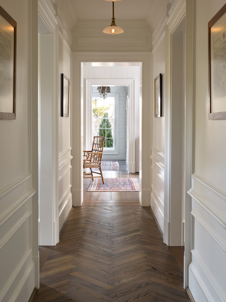 Design ideas for a mid-sized traditional hallway in Other with white walls, medium hardwood floors, brown floor and panelled walls.
