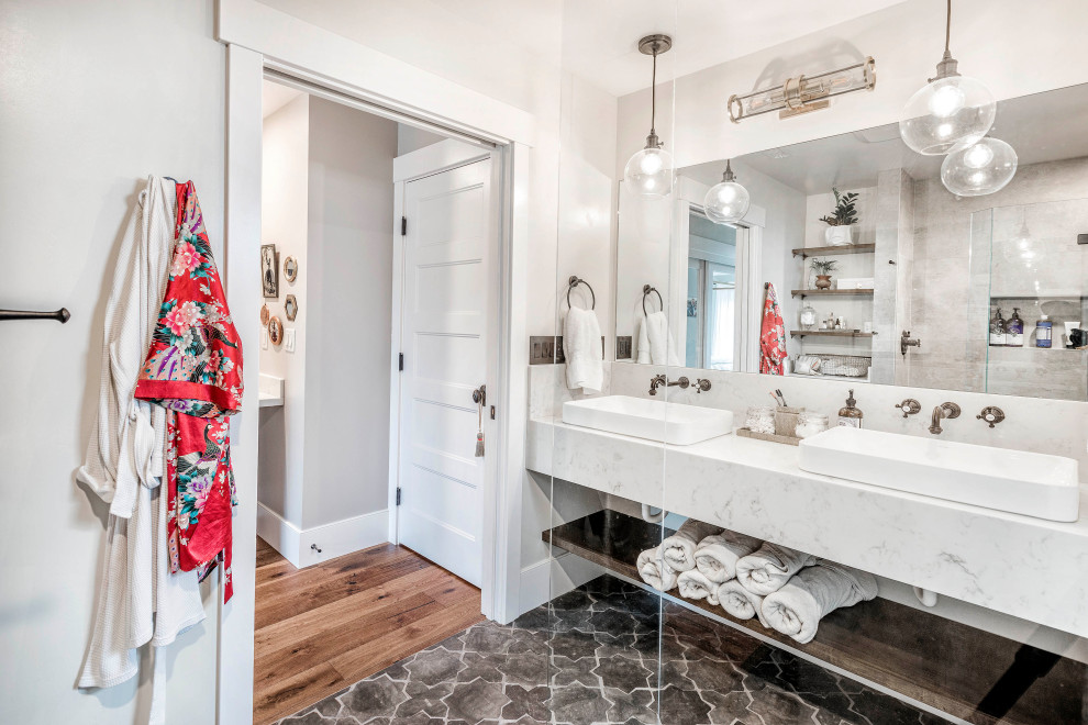 Mid-sized transitional master cement tile floor, gray floor and double-sink bathroom photo in San Diego with open cabinets, white cabinets, quartz countertops, white countertops and a built-in vanity