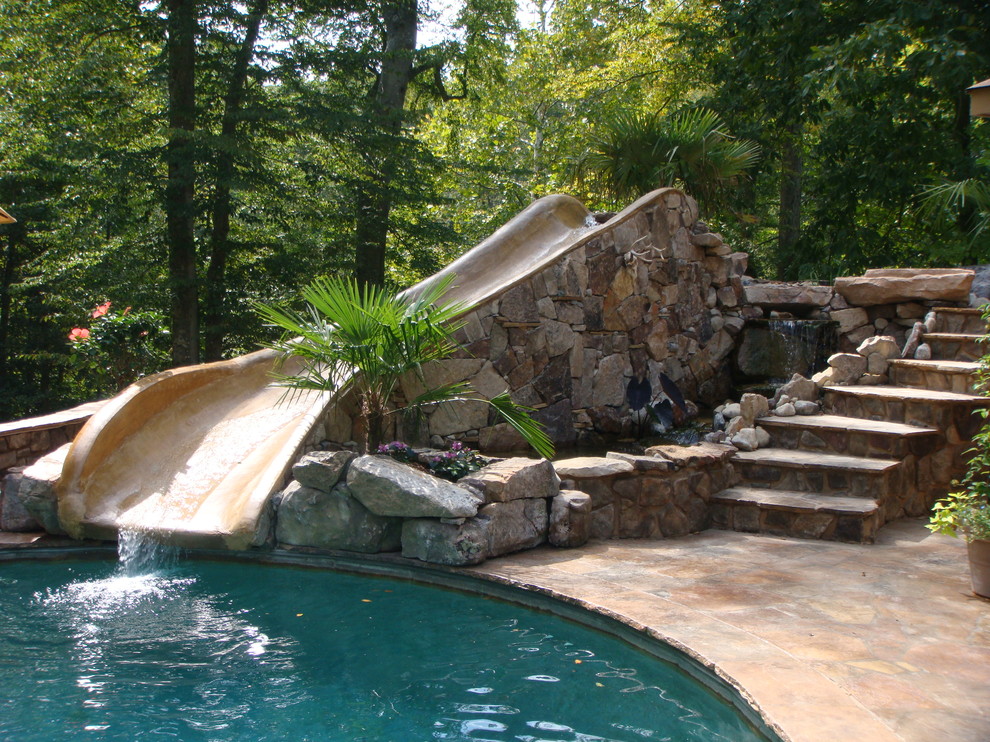 Country pool in Richmond with a water slide.