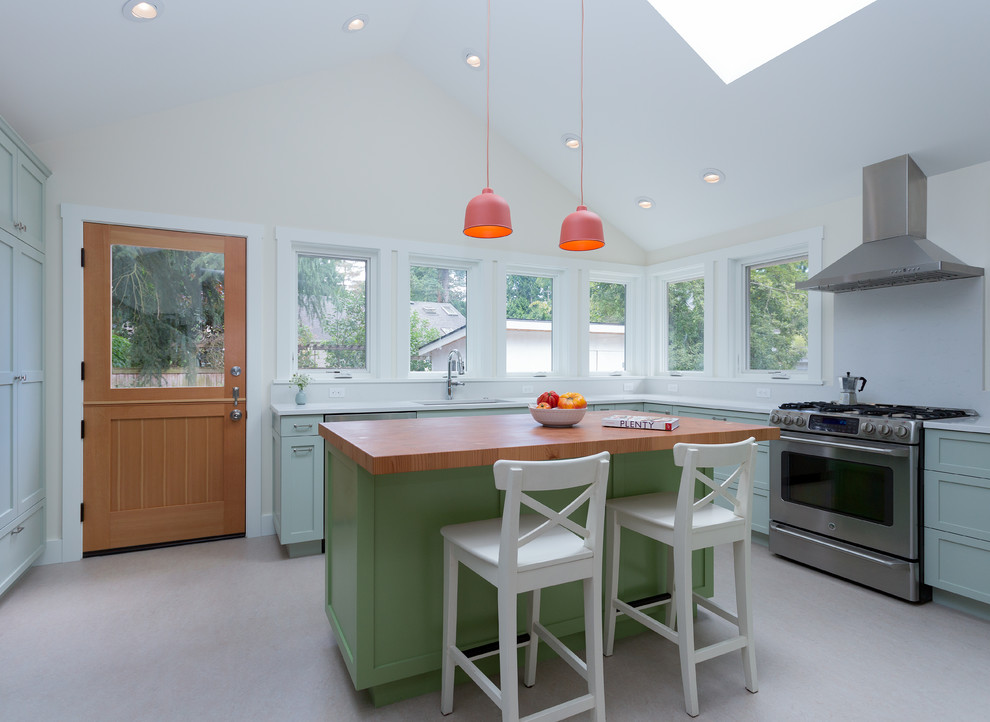 Photo of a scandinavian kitchen in Seattle with shaker cabinets, linoleum floors and with island.
