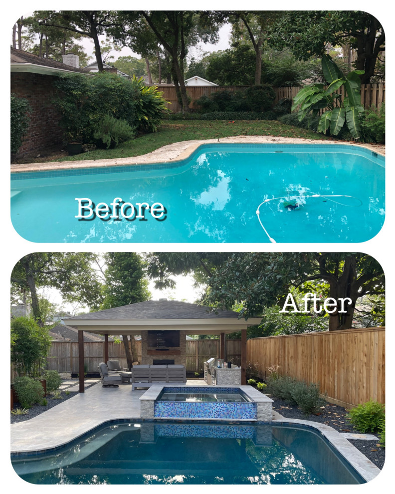 Stilmix Pool hinter dem Haus mit Natursteinplatten in Houston