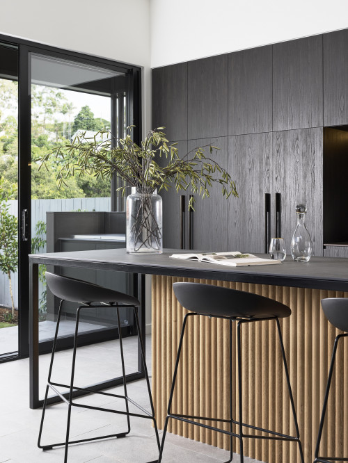 Wood Island with Black Countertop and Black Cabinets: Modern Kitchen Design Inspirations