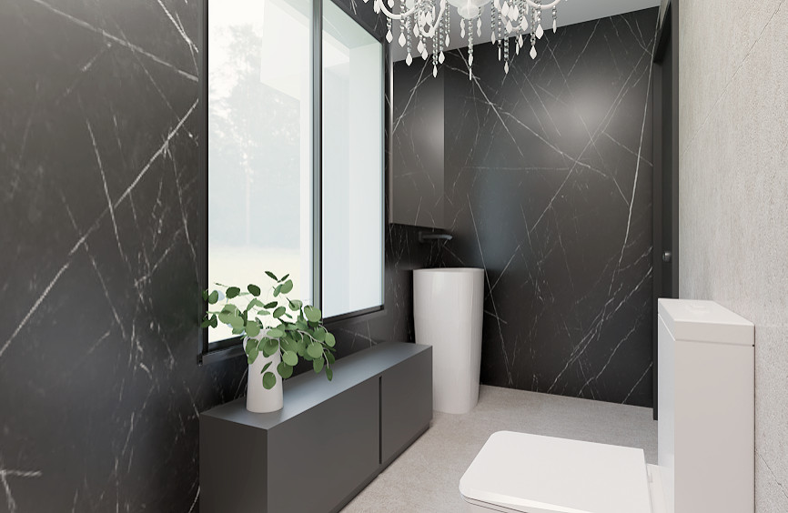 Bild på ett mellanstort funkis badrum med dusch, med en öppen dusch, en toalettstol med hel cisternkåpa, svart kakel, keramikplattor, vita väggar, cementgolv, ett piedestal handfat, bänkskiva i akrylsten och grått golv