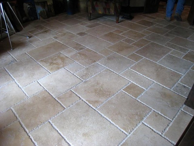 Travertine French Pattern Tiles Traditional Patio New York