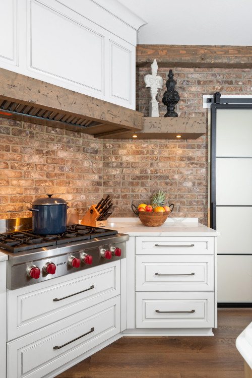 White Kitchen With Red Brick Backsplash Things In The Kitchen   Traditional Kitchen 